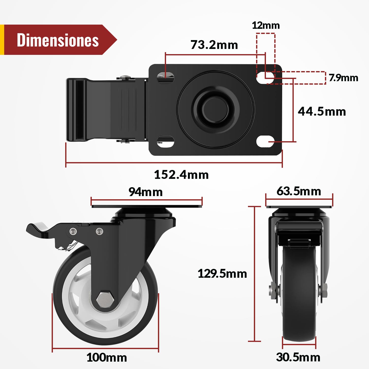 Ruedas Giratorias 100 mm - Ruedas para muebles pesados - Capacidad máxima de carga 600 kg (2 con freno y 2 sin freno)