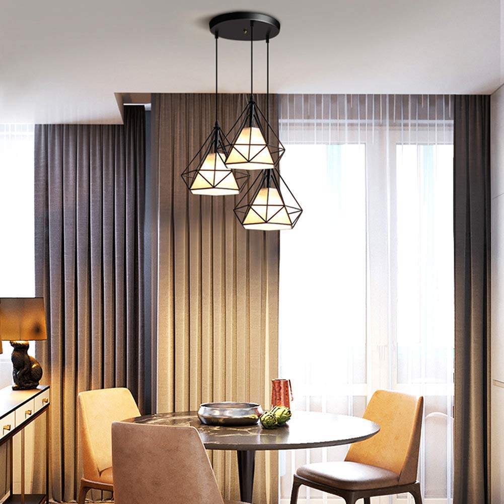 E27 3 Płomienie, metalowy ół w LED czarnej czarnej lampy sufitowej cień o wysokości 100 cm Regulowany żyrandol do sypialni w salonie, okrągła komfortowa rocznica