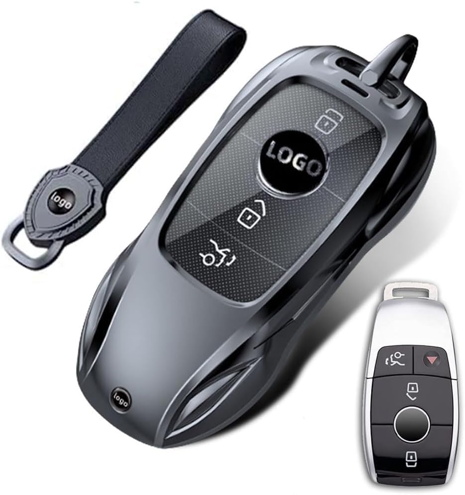 Key Fob Case Cover Protection Metal Dark Grey with Keychain Compatible for Mercedes-Benz A-Class C-Class E300L C63 E63 A200 CLA CLS GLA GLB GLS Smart Remote Key