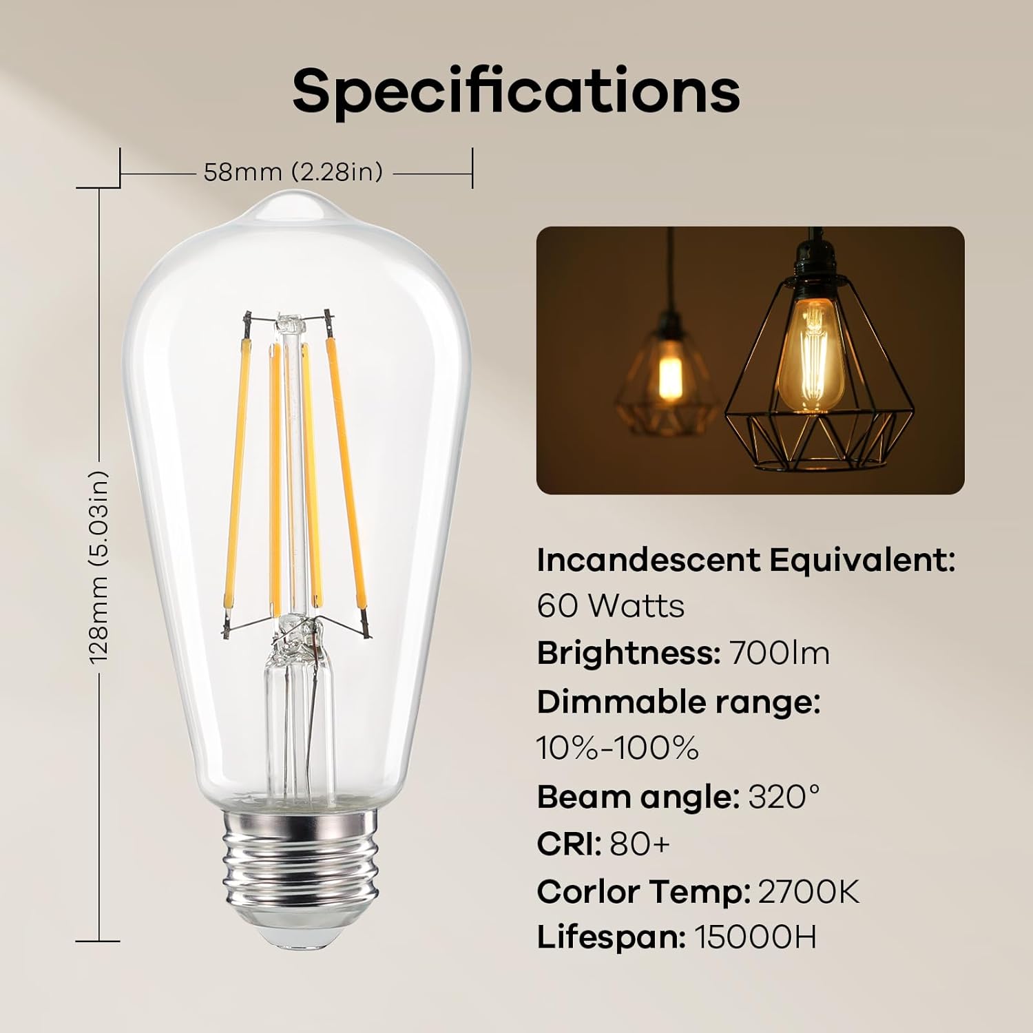 Linkind Edison Light Bulbs 60W Equivalent, E26 Dimmable Vintage Edison LED Light Bulbs ST58 Antique Decorative Filament LED Bulb, 6W 700LM, 2700K Soft White, CRI80+ Clear Glass Light Bulbs, 12 Packs