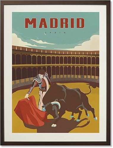 España Madrid - Póster vintage de viaje de todo el mundo con diseño de toros de Madrid, decoración de pared, regalo para decoración del hogar (12.0