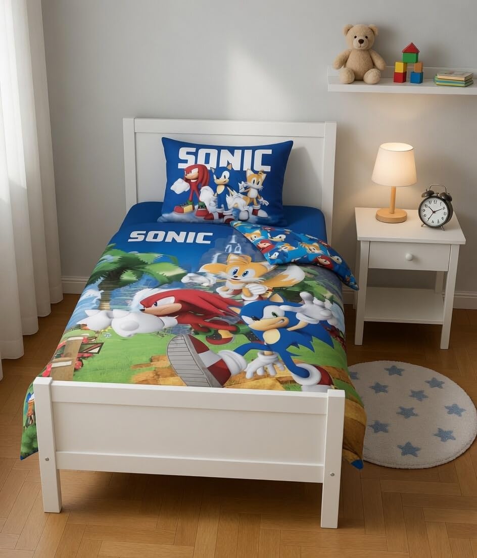 Sonic Housse de Couette Bébé 100x135 + Taie 40x60 Coton Tails Knuckles | Parure de lit bébé réversible | Coton naturel doux respirant Oeko-Tex | SEGA | Garçon 0-3 ans | Lit à barreaux