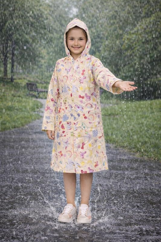 Image of Kids Waterproof PVC Raincoat with Hood & Sleeves | Lightweight, Portable Rain Wear for Boys & Girls | Button Closure with Storage Bag