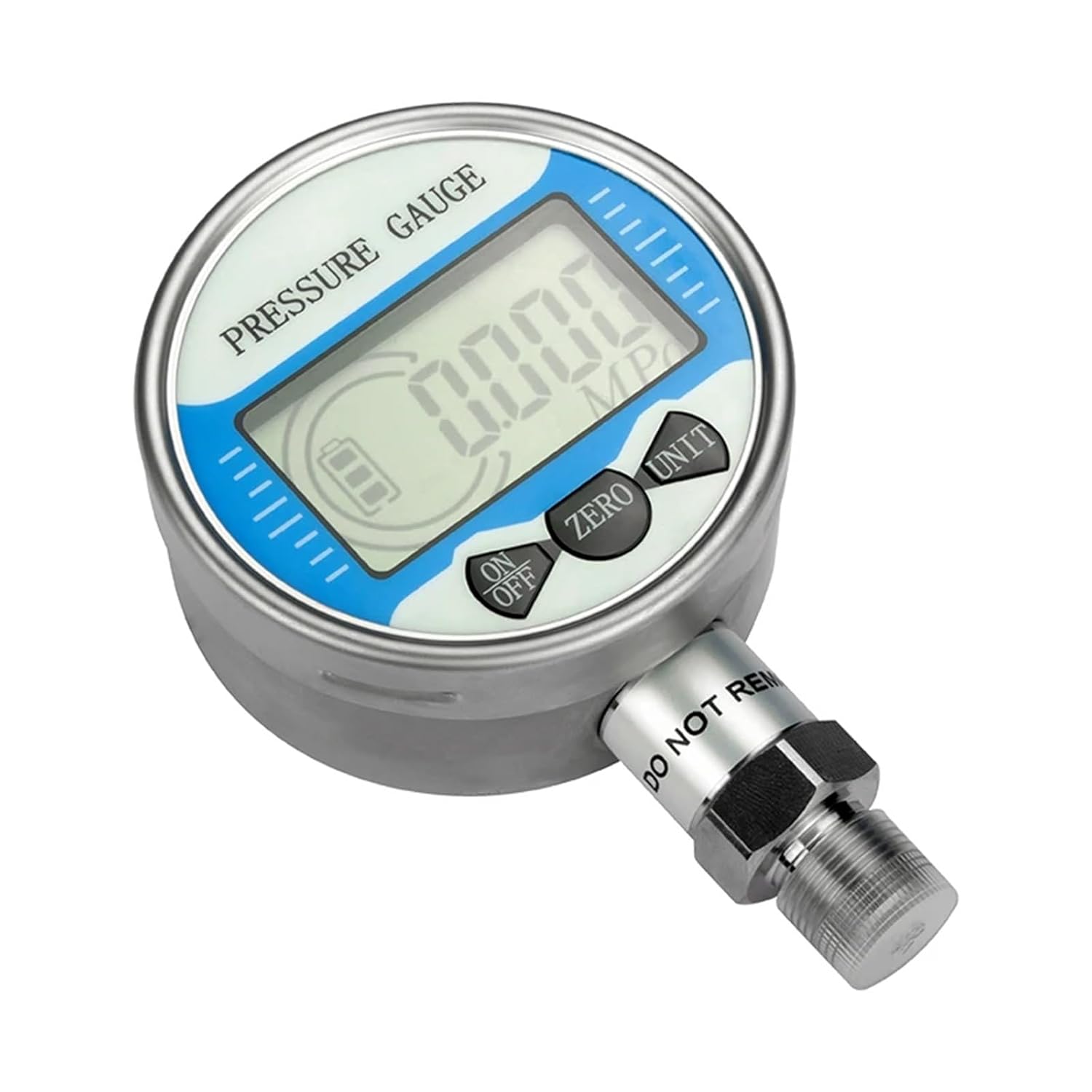 Close-up of the pressure gauge display and control buttons: ON/OFF, ZERO, UNIT