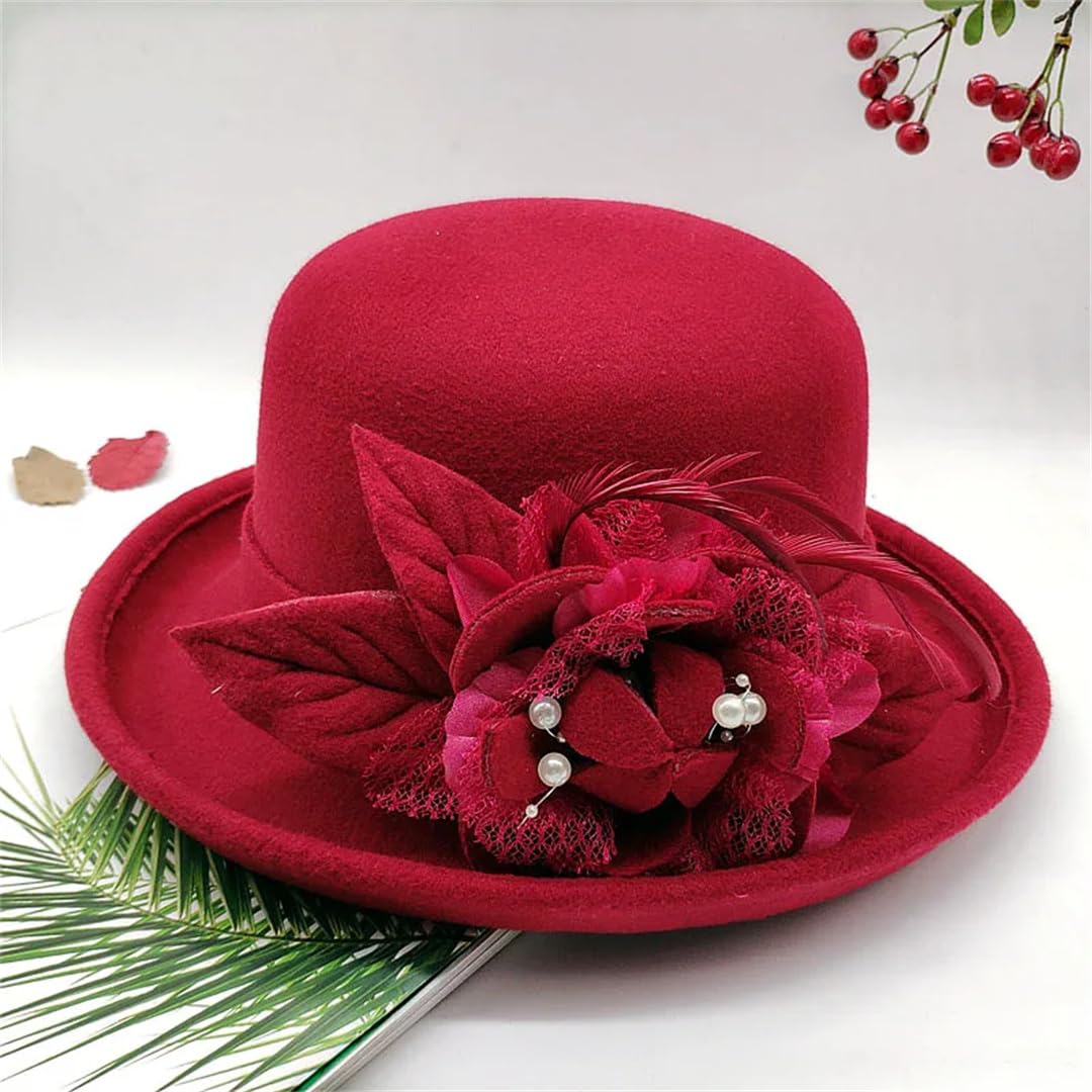 Yeuyyben Donne Floreale Cappello di Lana Primavera Inverno Cappelli Fedoras Elegante Bucket Cappelli Caldi Femminile Bombetta