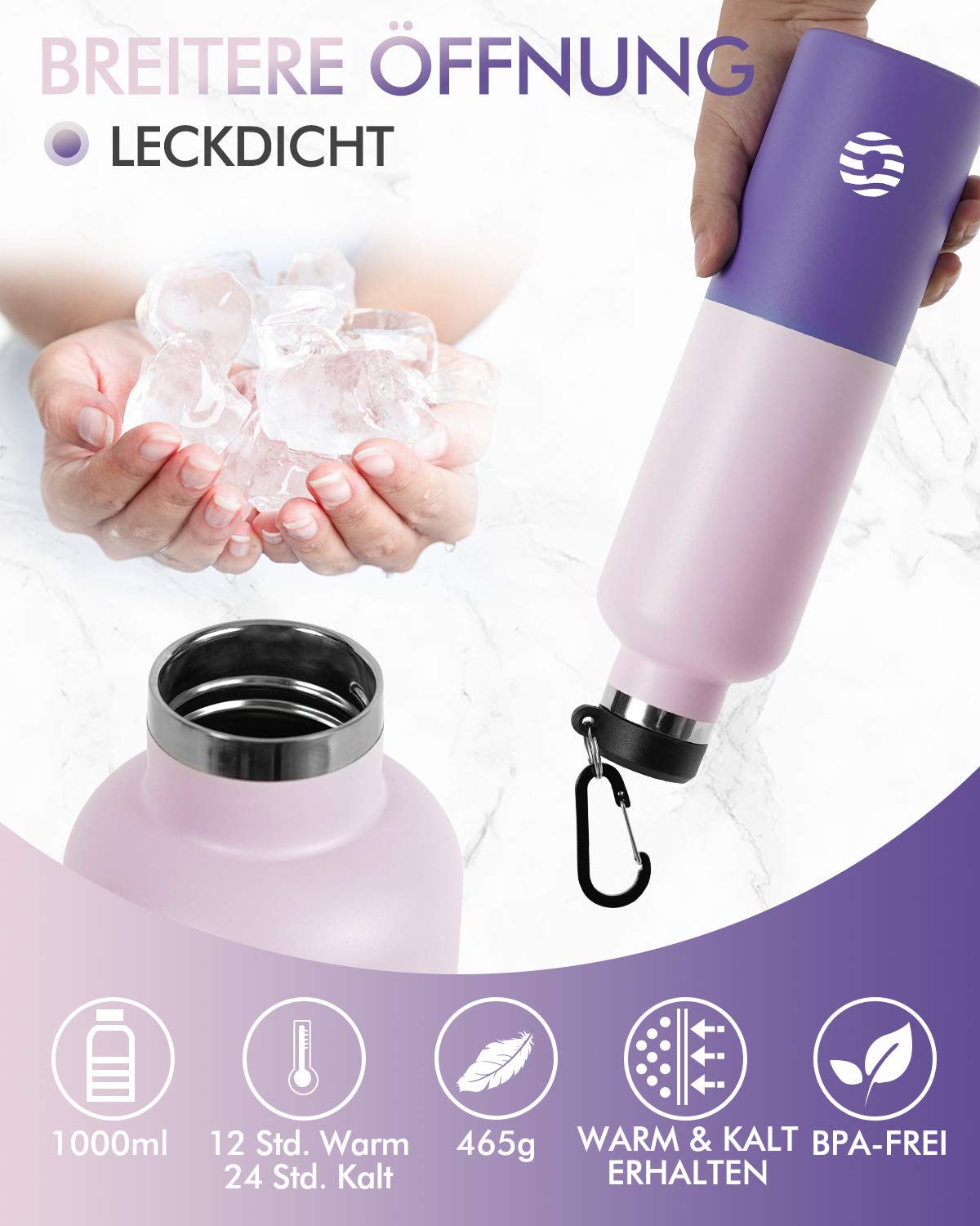 FEIJIAN Borraccia Termica in Acciaio Inox 750ml/1L + Zaino, Facile da pulire, Bottiglia Termica Senza Perdite - Senza BPA Borracce, per Scuola, Sport, Campeggio, Yoga, Palestra