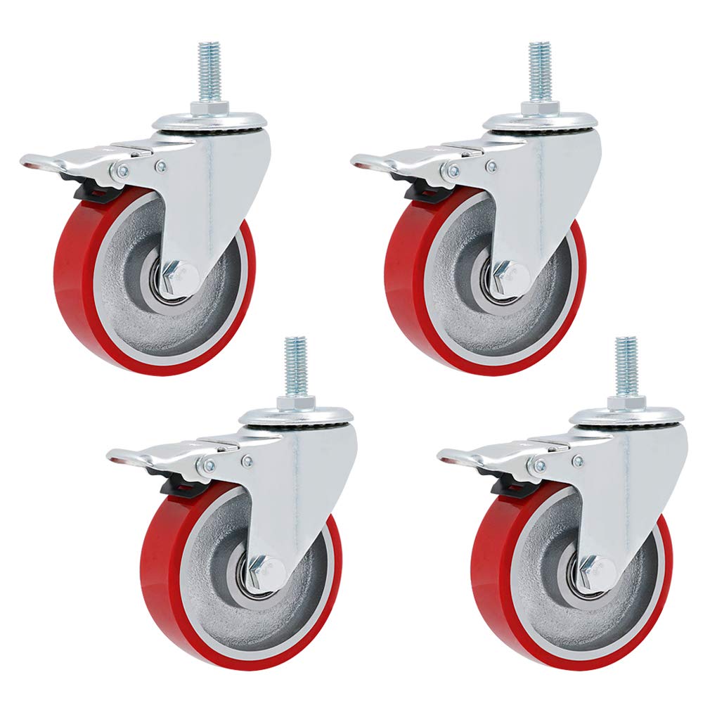 Lot de 4 Roulettes Pivotante Pour Meuble,Roues Industrielle en Polyuréthane Rouge Lourd,Tige Filetée M12x30mm,Capacité Maximale 600kg,Remplacement Pour Chariots,établi (100mm,Frein)