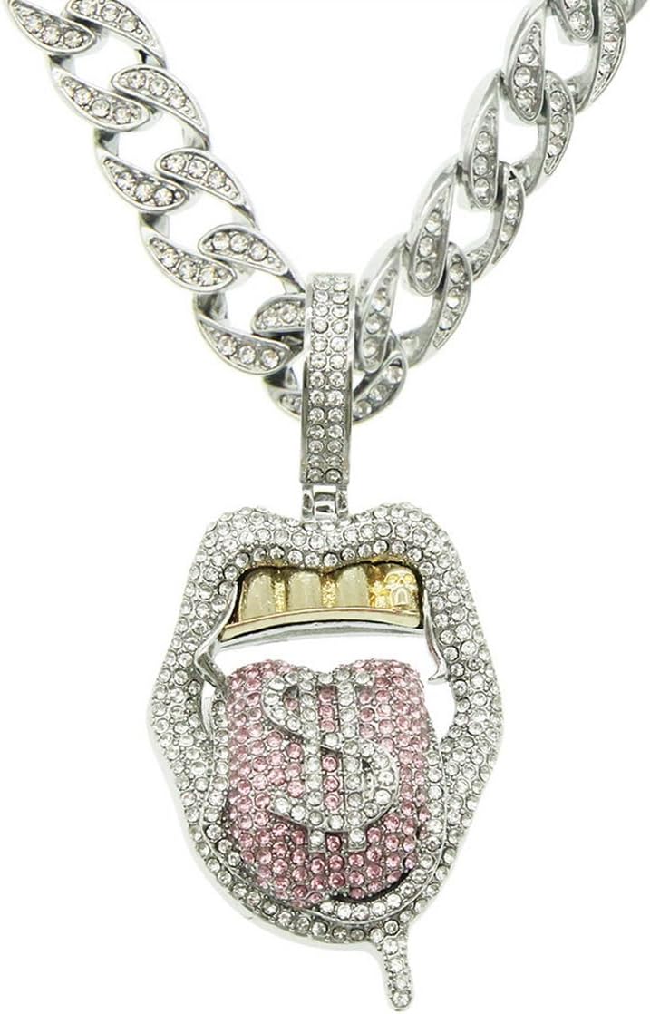 Chunky Bling Iced Out Cuban Link Chain Necklace for Men Women,Large Fake Diamond Chain Sticking Out Choker Tongue Pendant with Dollar Sign,Miami Rhinestone Necklace Hip Hop Cool Punk Jewelry