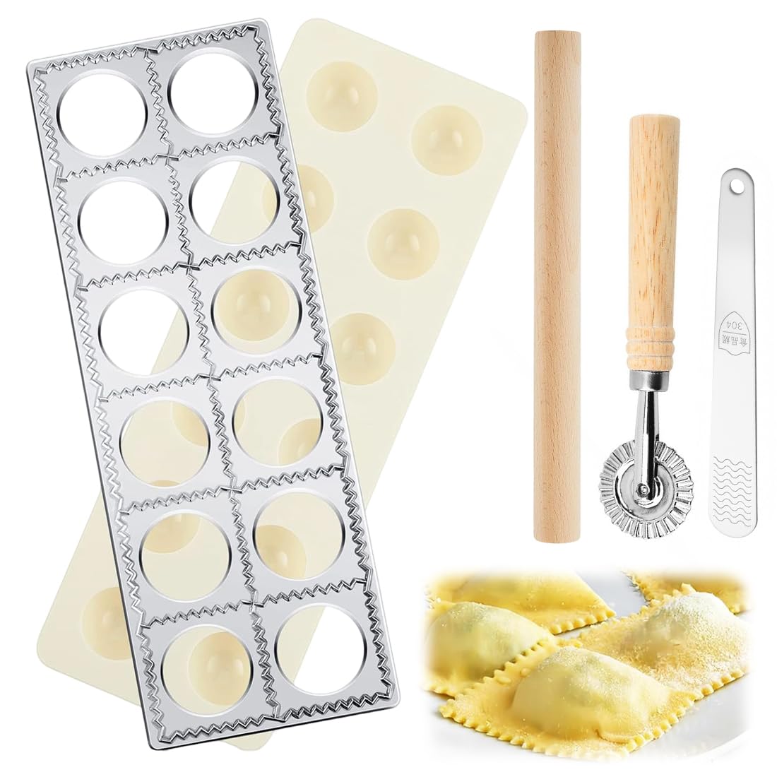 LOMUG Ravioli Maker Ravioli Former Für 12 Teigtaschen gleichzeitig, 5-tlg Ravioli- & Maultaschenbrett, Rund Ravioli-Maker aus Aluminium mit Nudelholz, Teigtaschenrad Former, Fleischspatel Raviolibrett