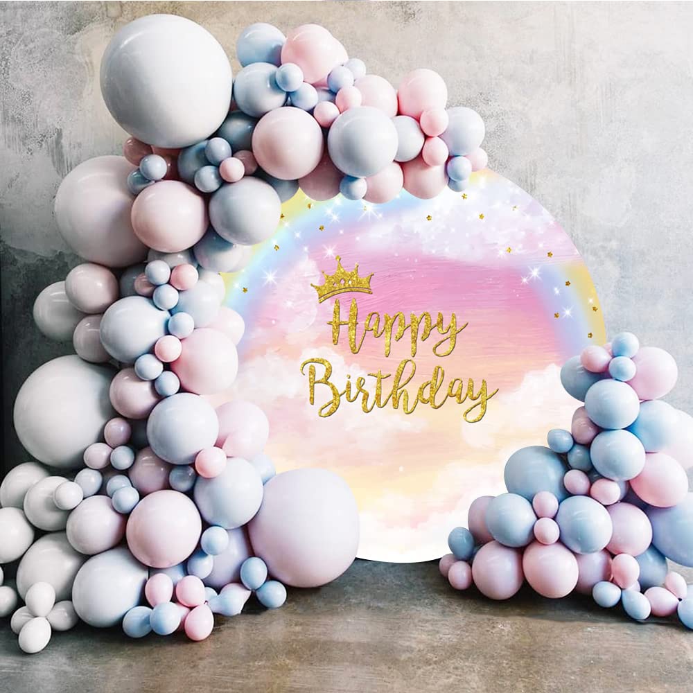 Happy Birthday tło baner 2,0 x 2,0 m akwarela tęczowe okrągłe tło błyszczące gwiazdy biała chmura okrąg tło tkanina dziewczyny urodziny przyjęcie dekoracja baner na baby shower przyjęcie