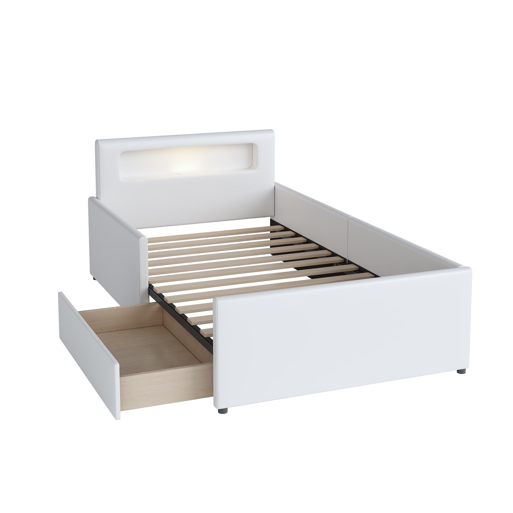 Lettino imbottito per bambini, con luce notturna e porta di ricarica USB, con scomparti, pannelli laterali rialzati per la sicurezza, semplice letto singolo, letto per ragazzi e ragazze, tessuto in