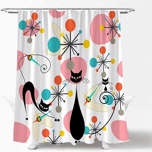Miniatura 5 de Cortina de ducha de gato negro de mediados de siglo, moderna, atómica, abstracta, geométrica, patrón icónico, retro, gatito negro, de los años 50,
