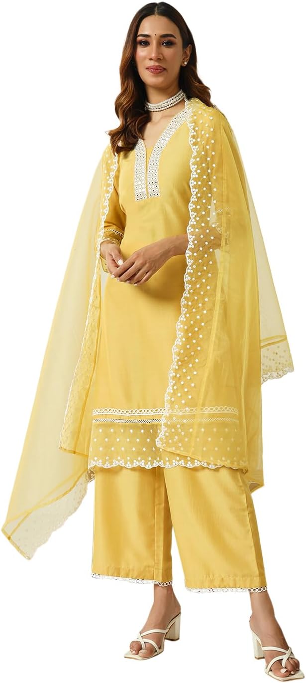 FIORRAWomen's Silk Blend Streight Embroidered Kurta Palazzo With Dupatta Set