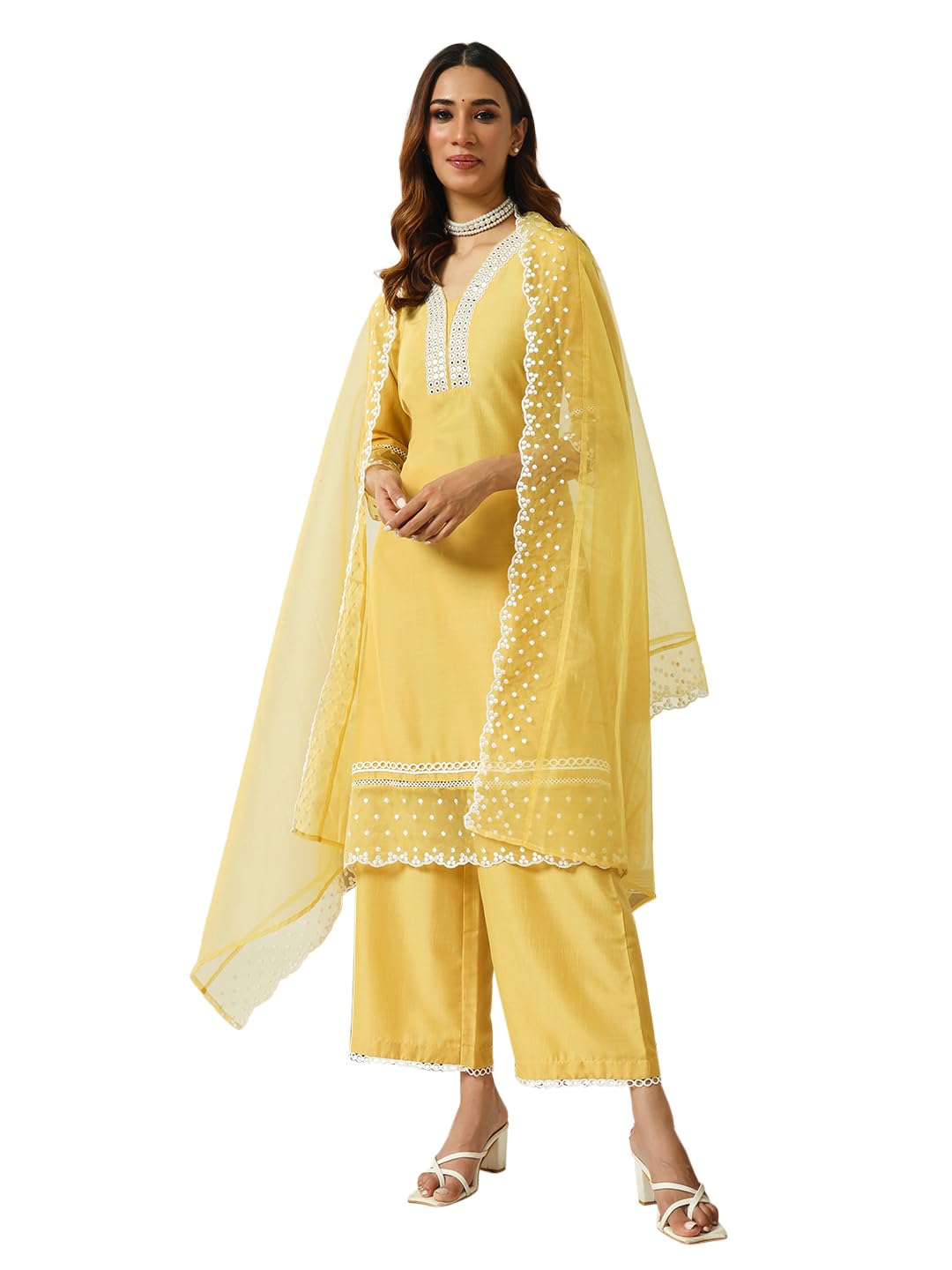 FIORRAWomen's Silk Blend Streight Embroidered Kurta Palazzo With Dupatta Set