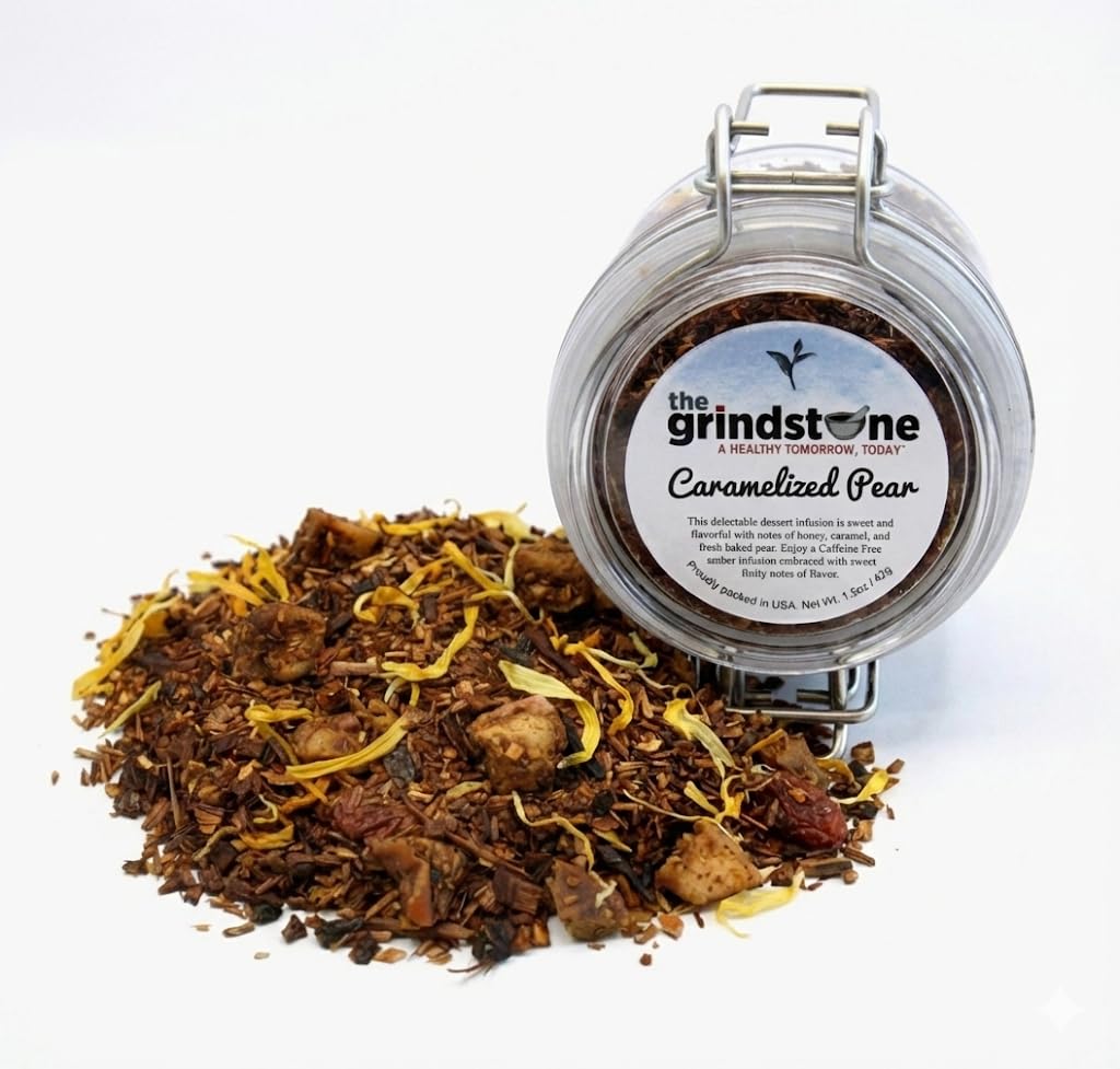 The Grindstone, Organic Caramelized Pear Tea, Fairtrade Certified, Loose leaf Tea, Caffeine Free, PET Snap-on Reusable Kilner Jars, Pack of 2