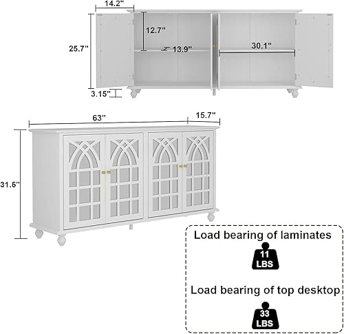Vista 2 de Hitow Mesa de consola con espejo para buffet, armario de 4 puertas con estantes, armario de almacenamiento grande de 63 pulgadas de ancho, gabinete