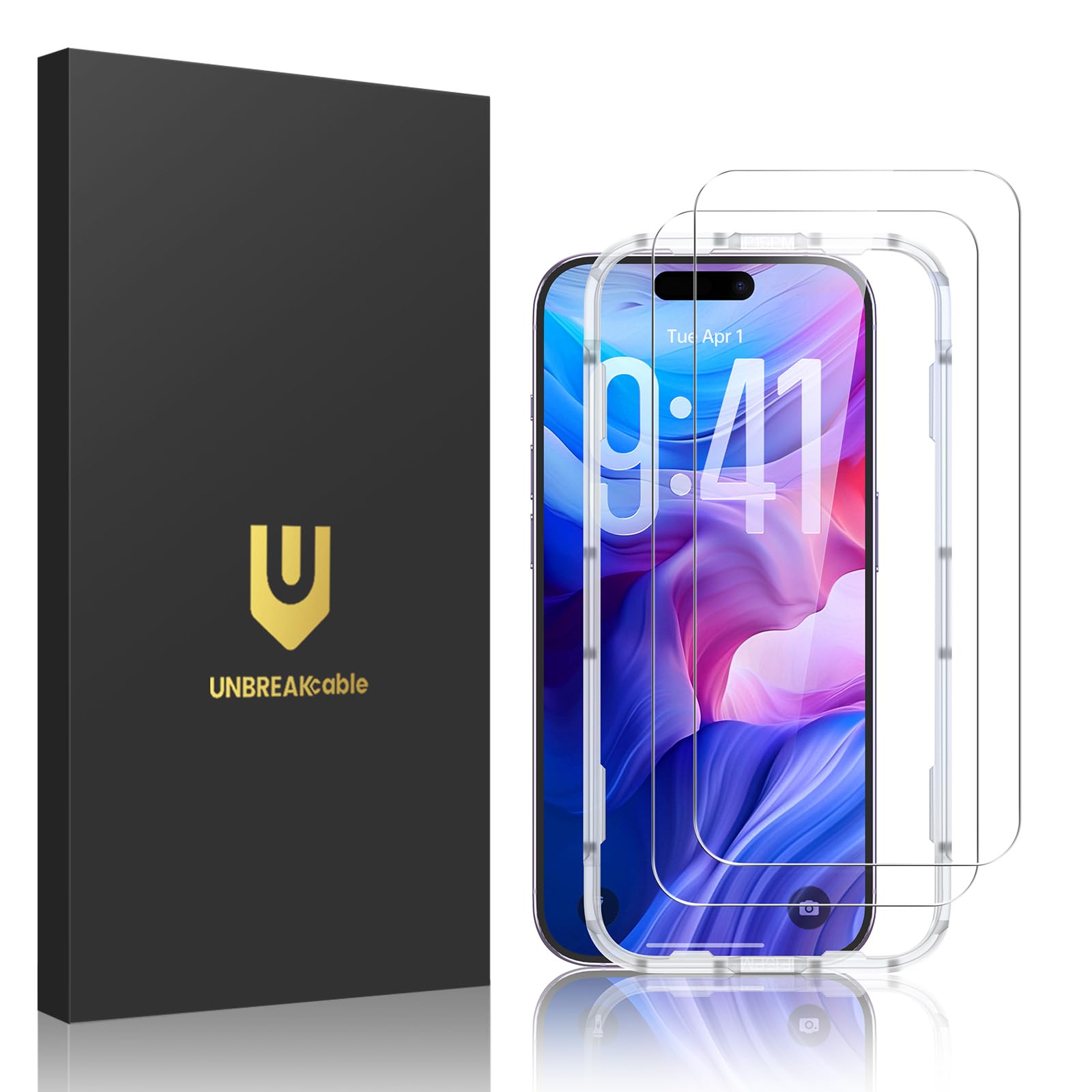 UNBREAKcable 2-Pack Screen Protector for iPhone 17, Military-Grade Shatterproof Tempered Glass [9H+ Hardness] [Easy Installation Frame] [99.99% HD