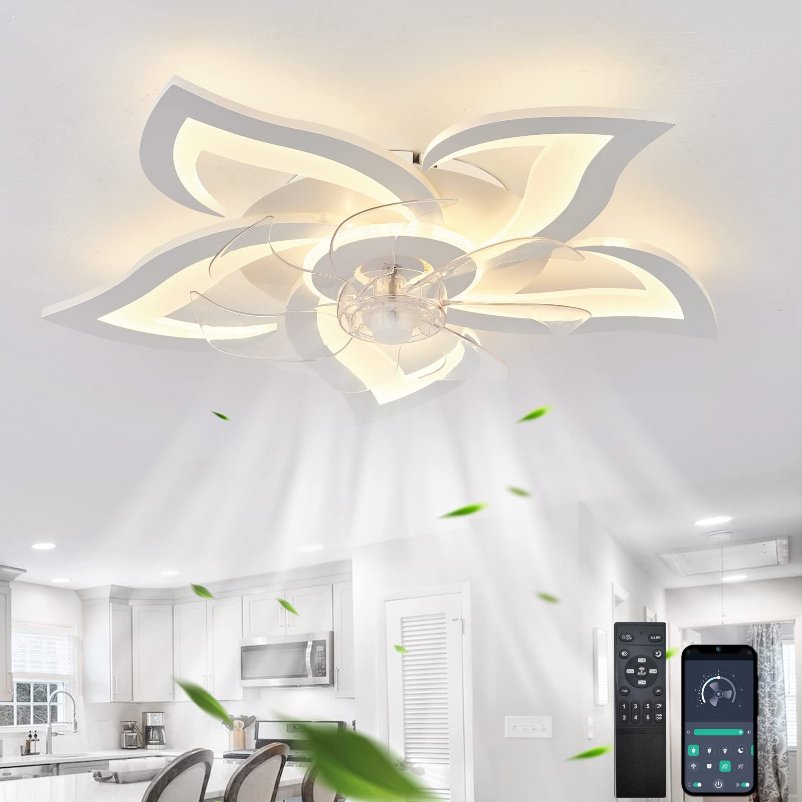 Kwiat Wentylator Sufitowy Ze Światłem I Zdalnym Sterowaniem Salon Regulowany Plafon Led Wentylator DC Silnik Odwracalny 6 Prędkości Lampa Sufitowa Projekt-Biały