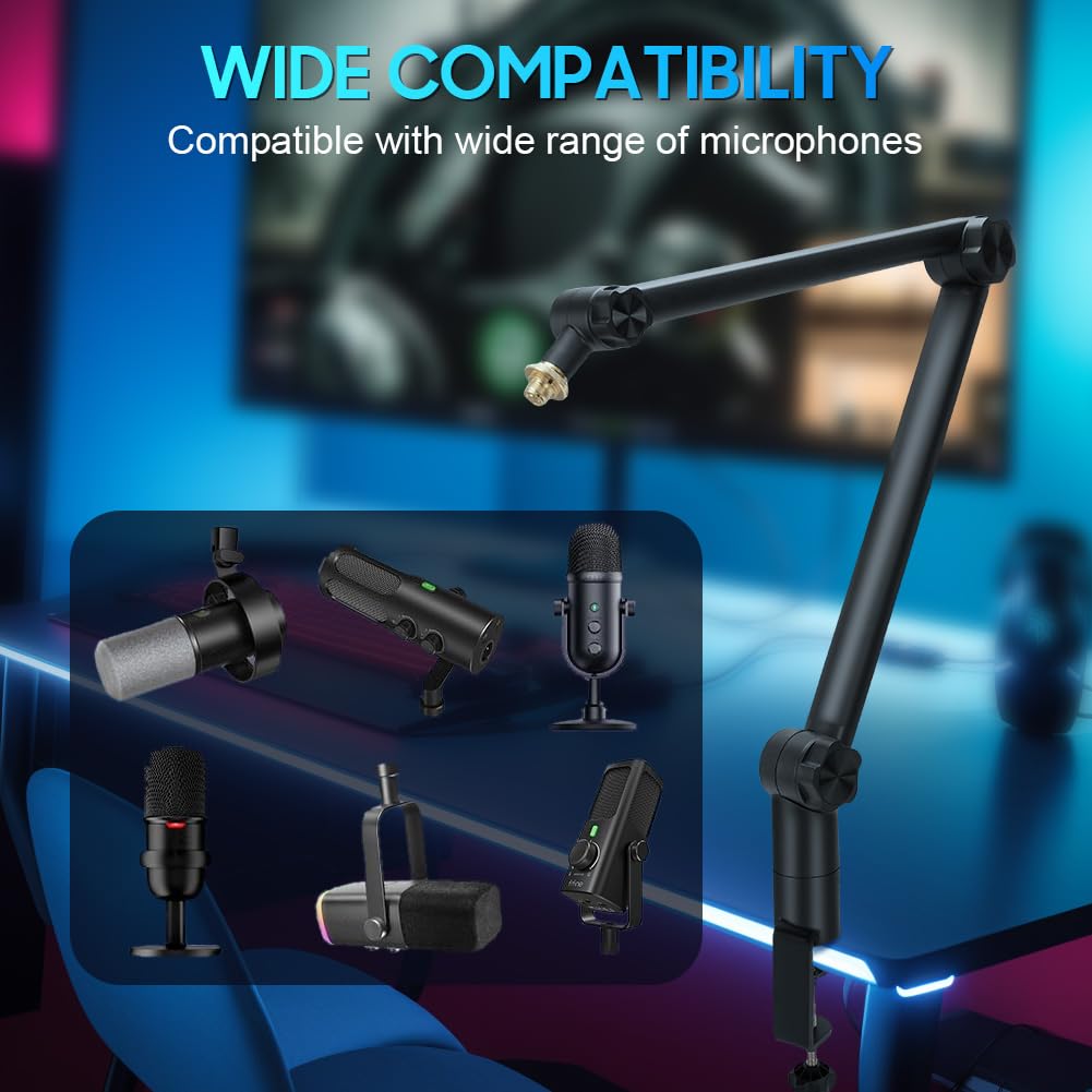 Wakects Mikrofon Arm, Kompakt Mikrofonhalterung mit 3/8 bis 5/8 Adapter, Faltbar, Vollständig Verstellbar für Podcast-Streaming, Gaming, Aufnahmen