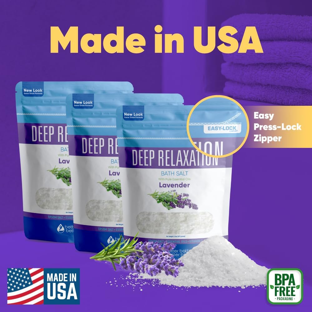 Deep Relaxation Bath Salt (3 Pack Plus Scoop) Relaxing Bath Soak with Pure Lavender Essential Oil in BPA Free Pouch with Press Lock Seal Made in USA 3 Pack of 2 Lbs 6 Lbs Total