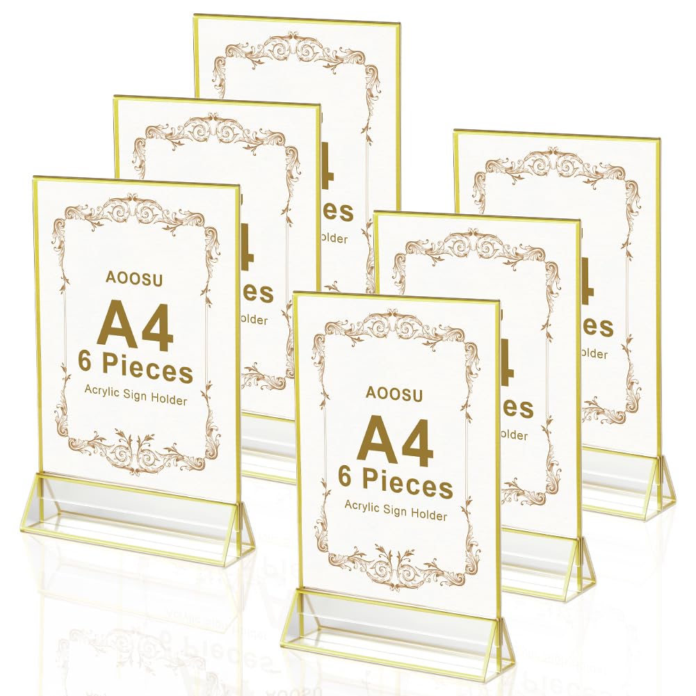 Supporti per Cartelli in Acrilico A4, 6 Pezzi Espositore da Tavolo, Espositore Plexiglass di T Bordo Dorato Verticale, Porta Menu per Ristoranti Hotel Negozio Ufficio