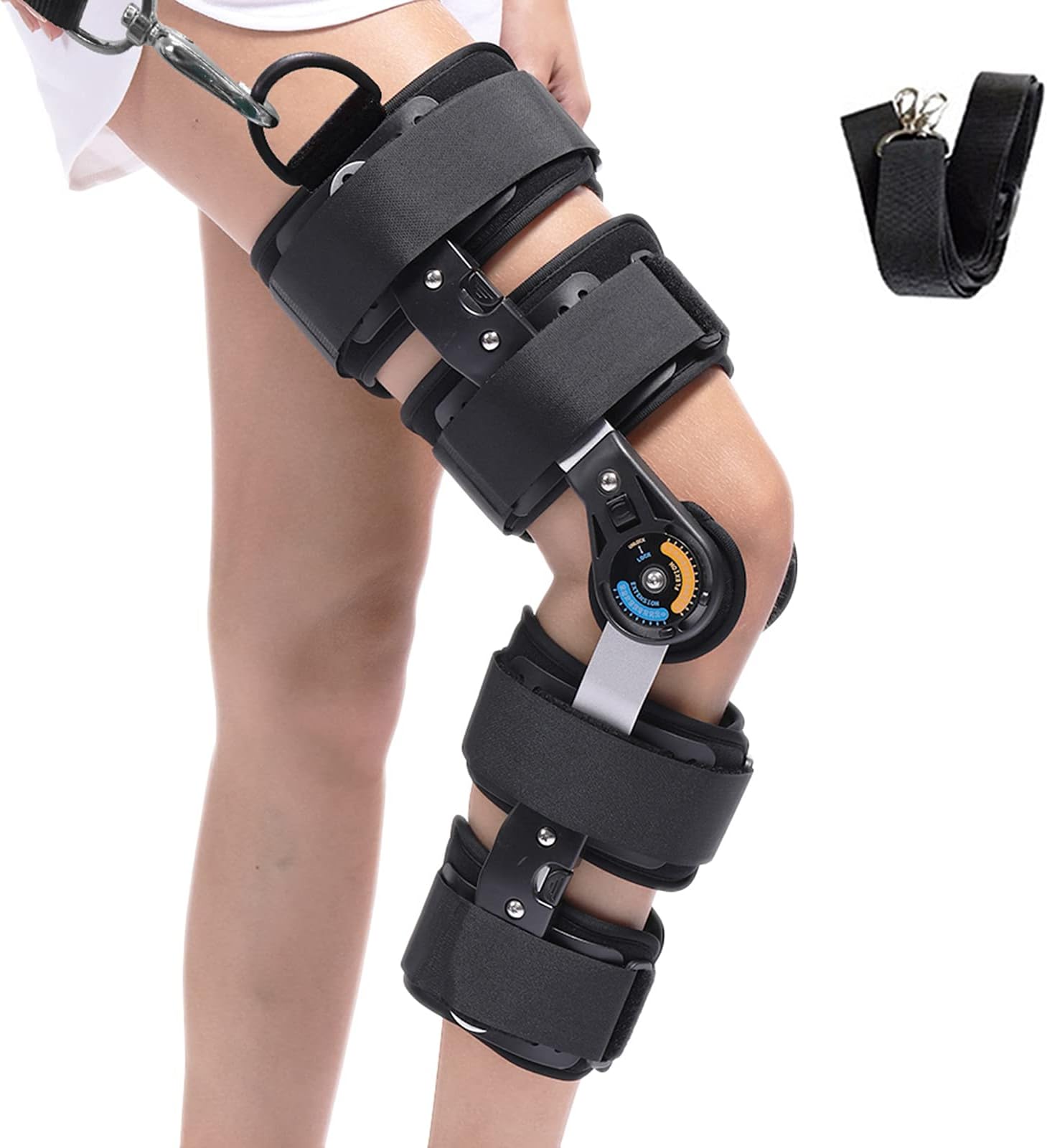 Hinged Knee Brace ROM Post OP Knee Immobilizer Brace Leg Braces Orthopedic Patella Knee Brace Knee Immobilizer Brace Support Orthosis, Adjustable for Left Leg and Right Leg(D002-1)