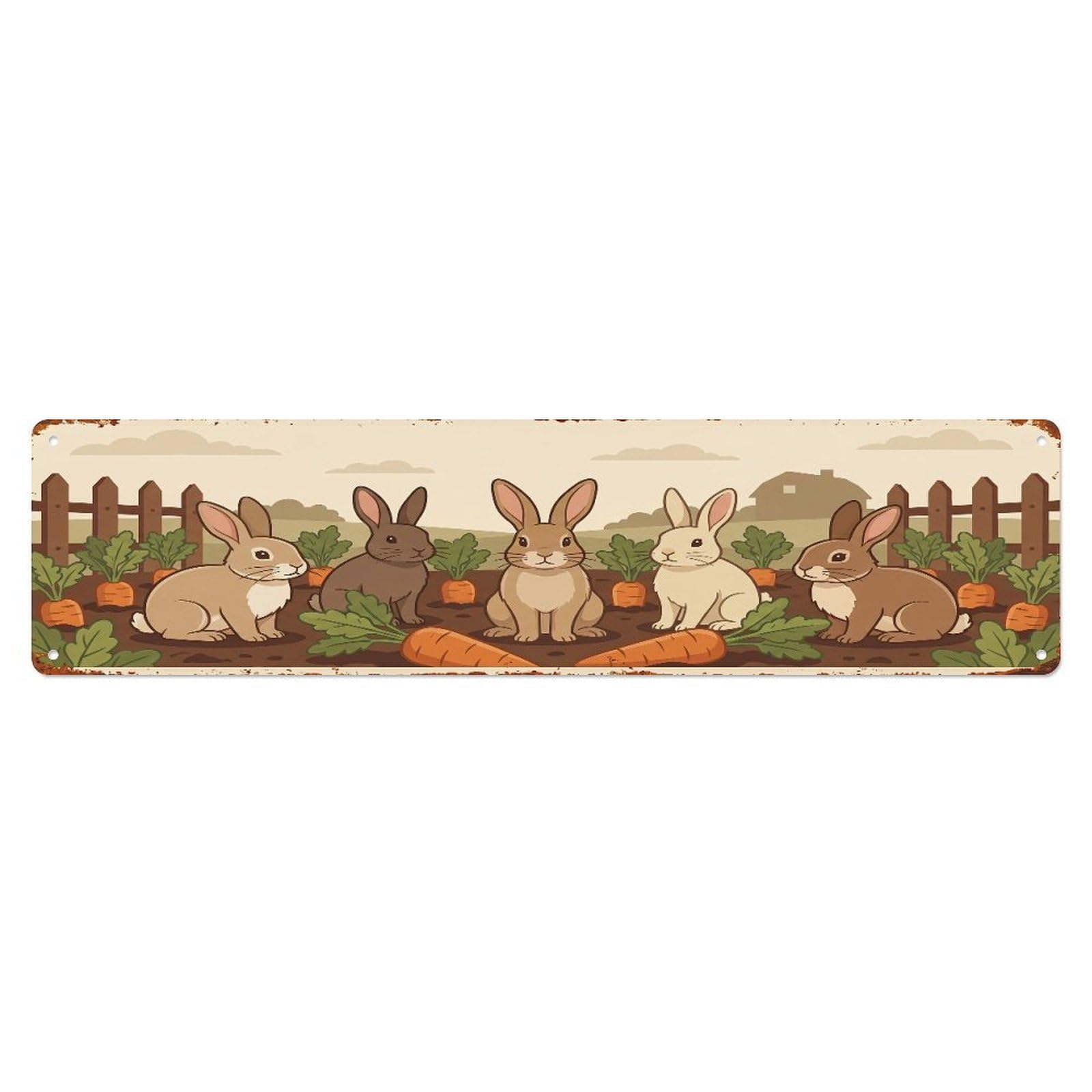 Metal Tin Sign Vintage Rabbit Farm Scene Garden Hoppers