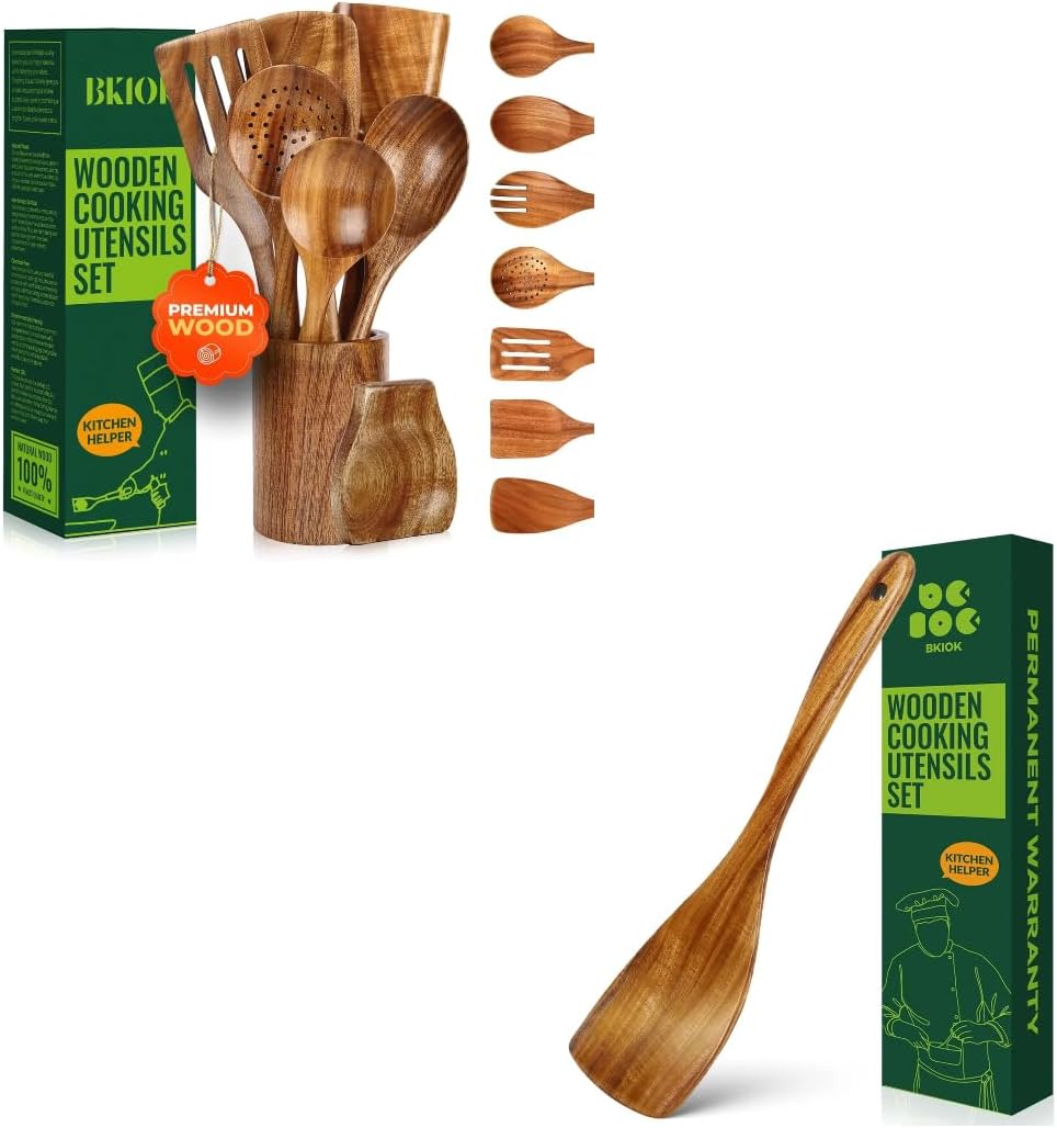 Bkiok 10PCS Teak Wooden Cooking Utensil Set, Wooden Spoons, Spatulas, Turner, Rest & Holder for Nonstick Cookware