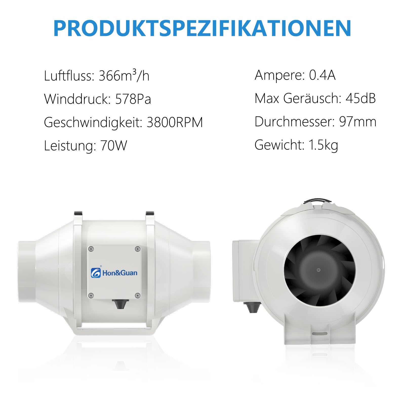 Hon&Guan 100mm EC Regelbarer Rohrventilator, 366m³/h Inline Rohrlüfter, Abluftventilator für Growbox Growzelte Belüftung Wachstumszelte Hydroponik Keller Garage Küche