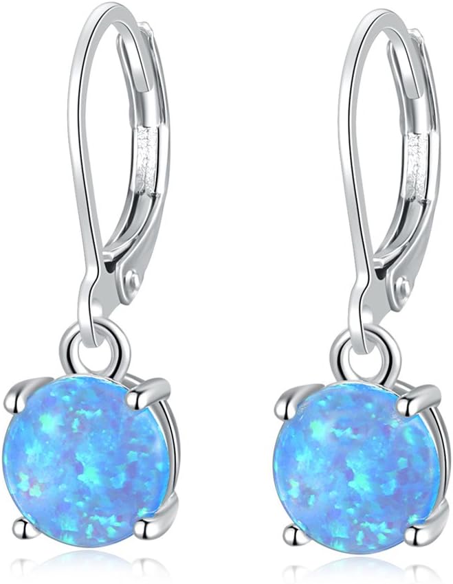 CiNily Round-Cut Opal Dangle Earrings, Green Fire Opal Rhodium Plated Women Jewelry Leverback Gemstone Drop Earrings