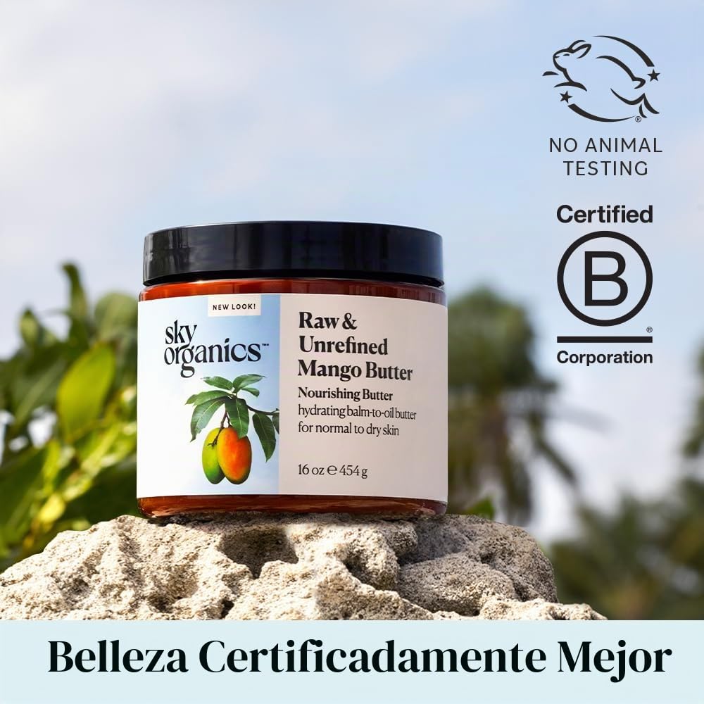 Sky Organics | Manteca de mango para cuerpo y rostro | 100% sin procesar y sin refinar | Para hidratar, equilibrar y unificar el tono | 454 g