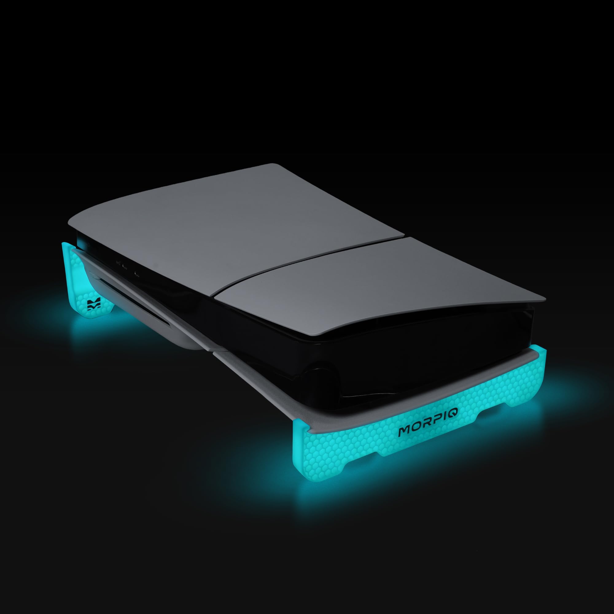 HiveLift Horizontal Stand, Compatible with PS5 Slim Disc Edition - Aqua Blue Glow Honeycomb Design | Anti-Slip Base with Cooling Airflow | 3D Printed in India-image-1