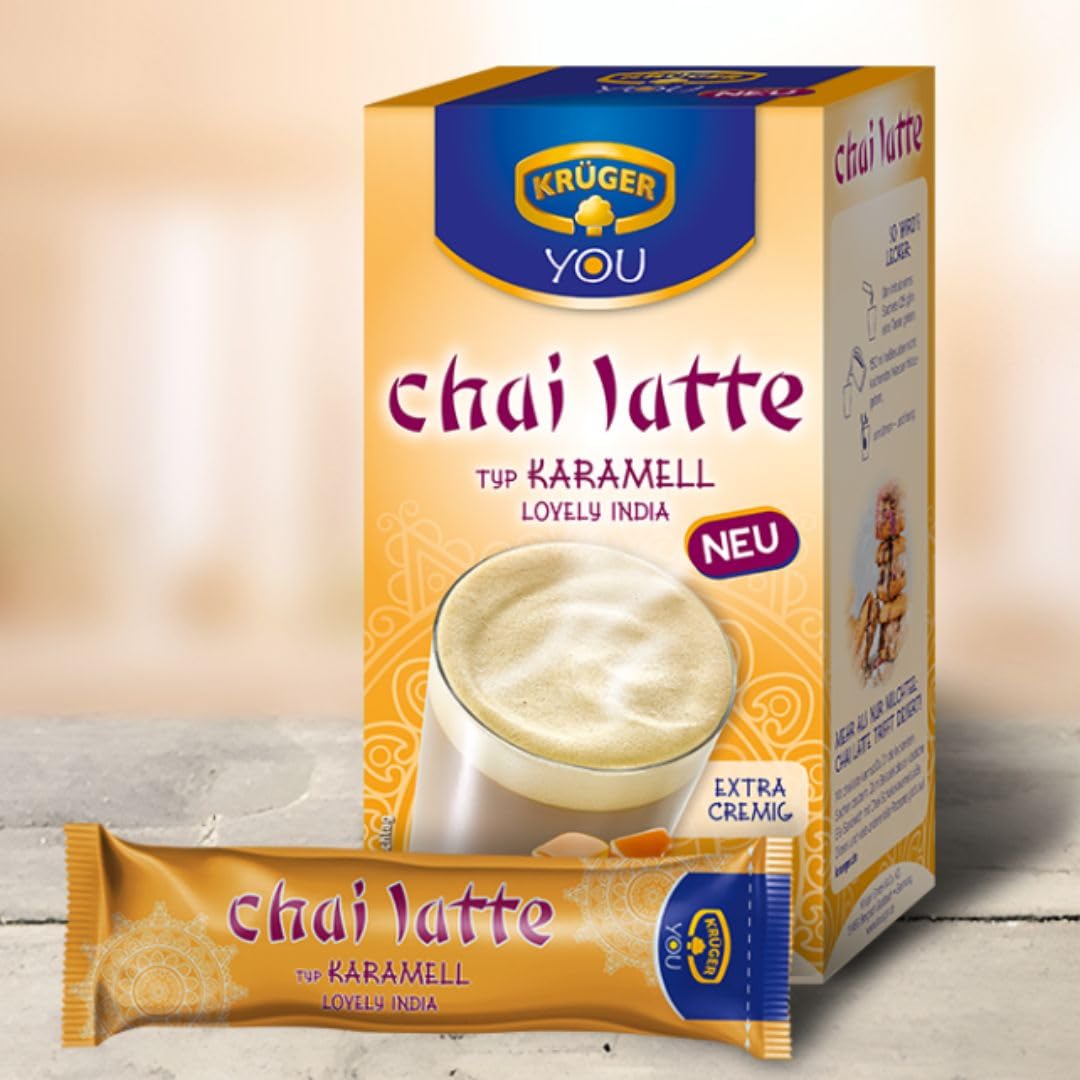 Krüger YOU Chai Latte Karamell „Lovely India“ 6×250 g | Instant Chai Latte Pulver | Aromatisches Tee-Getränk mit Karamell-Note | Heiß genießen | Vorratspack 1,5 kg