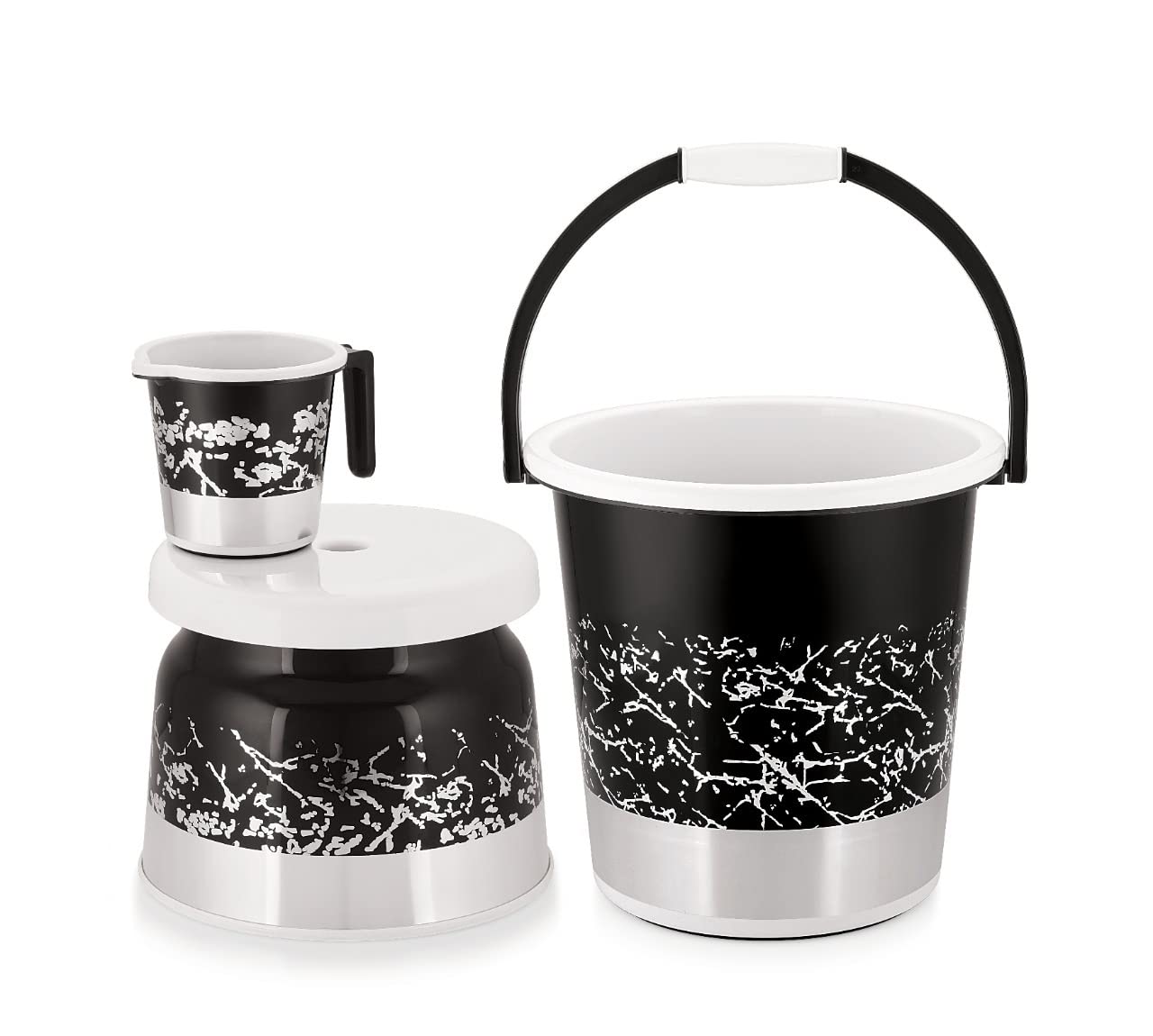 Liza 3 pcs Bathroom Accessories Set Plastic Bath Set Bathroom Bucket, Mug and Stool 3 Piece Combo Set for Home, Kitchen & Bathroom 21 L Plastic Bucket (Black Silver).