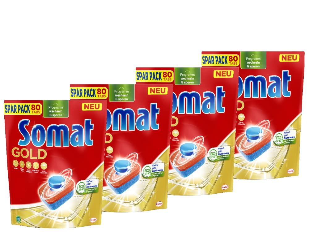 Somat Gold Lavastoviglie Tabs (4 x 80 schede), lavelli piatti per piatti luminosi e puliti anche a basse temperature, extra forza contro i bruciati