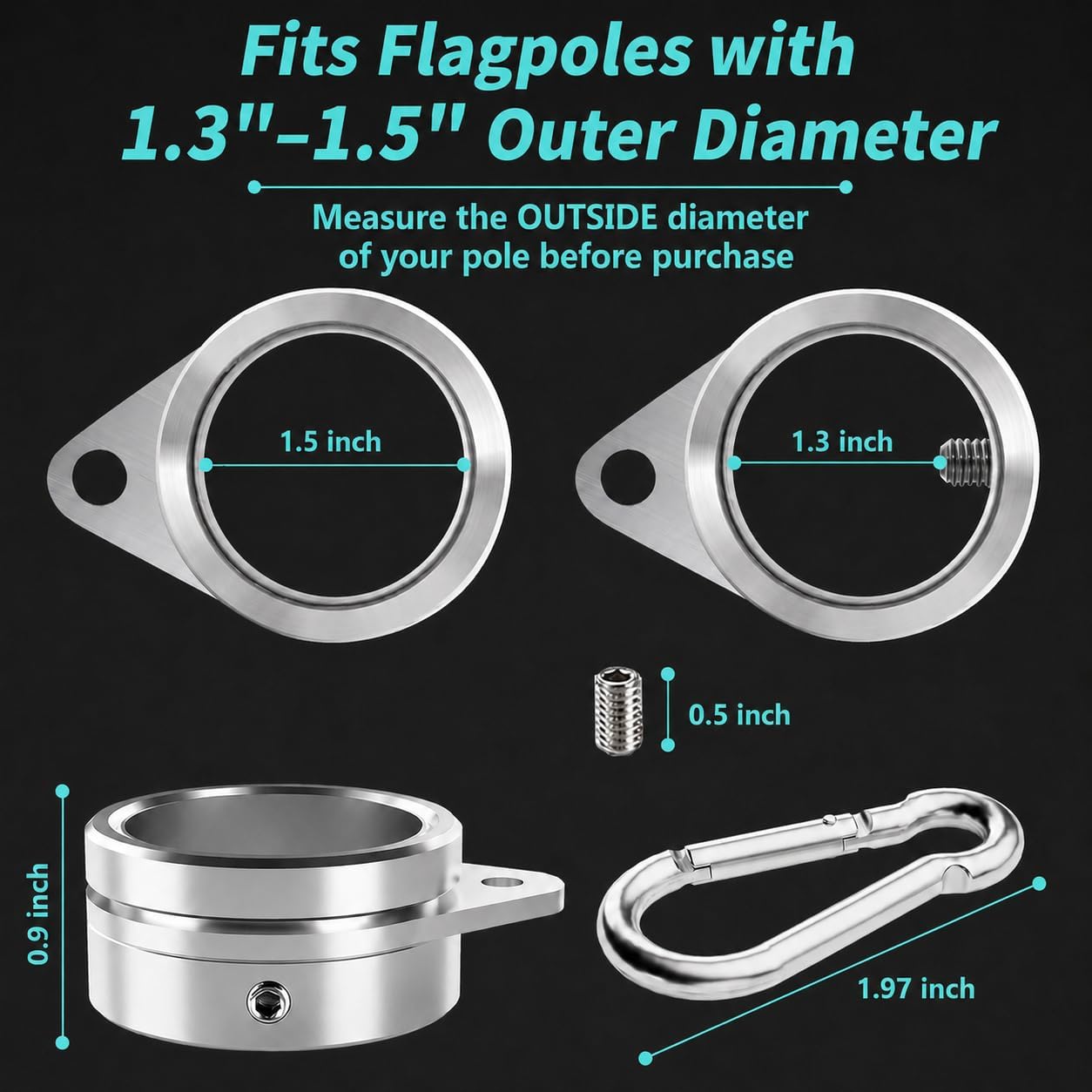 HOOPLE 1.5" Flag Pole Rings, Anti Wrap Spinning Flag Pole Clips Swivels No Tangle Aluminum Alloy 360° Rotating Flagpole Mounting Rings with Carabiners (1.5 Inch, 2PC)