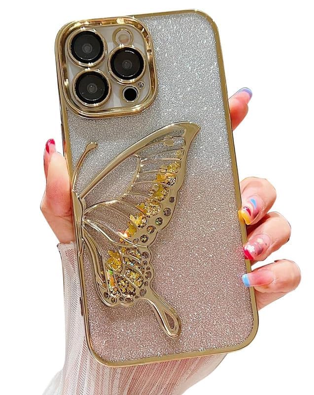 Image of MIDOS Thermoplastic Polyurethane Designed Compatible With iPhone 14 Pro Max Case With Glitter Cute Butterfly Plating Design Aesthetic Women Girls Cover For iPhone 14 Pro Max (Gold)