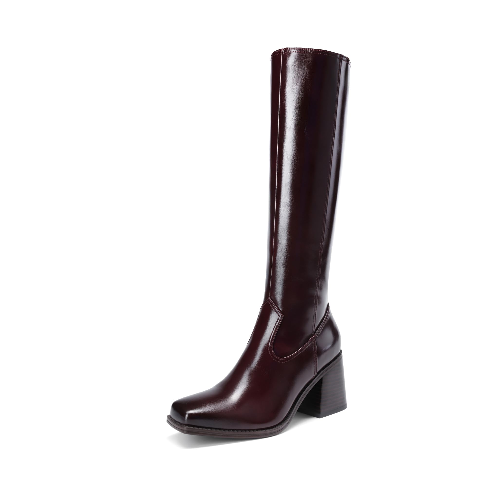 DREAM PAIRS Women's Knee High Boots Chunky Heel Square Toe Tall Boot for Women with Side Zipper 8.5 Burgundy