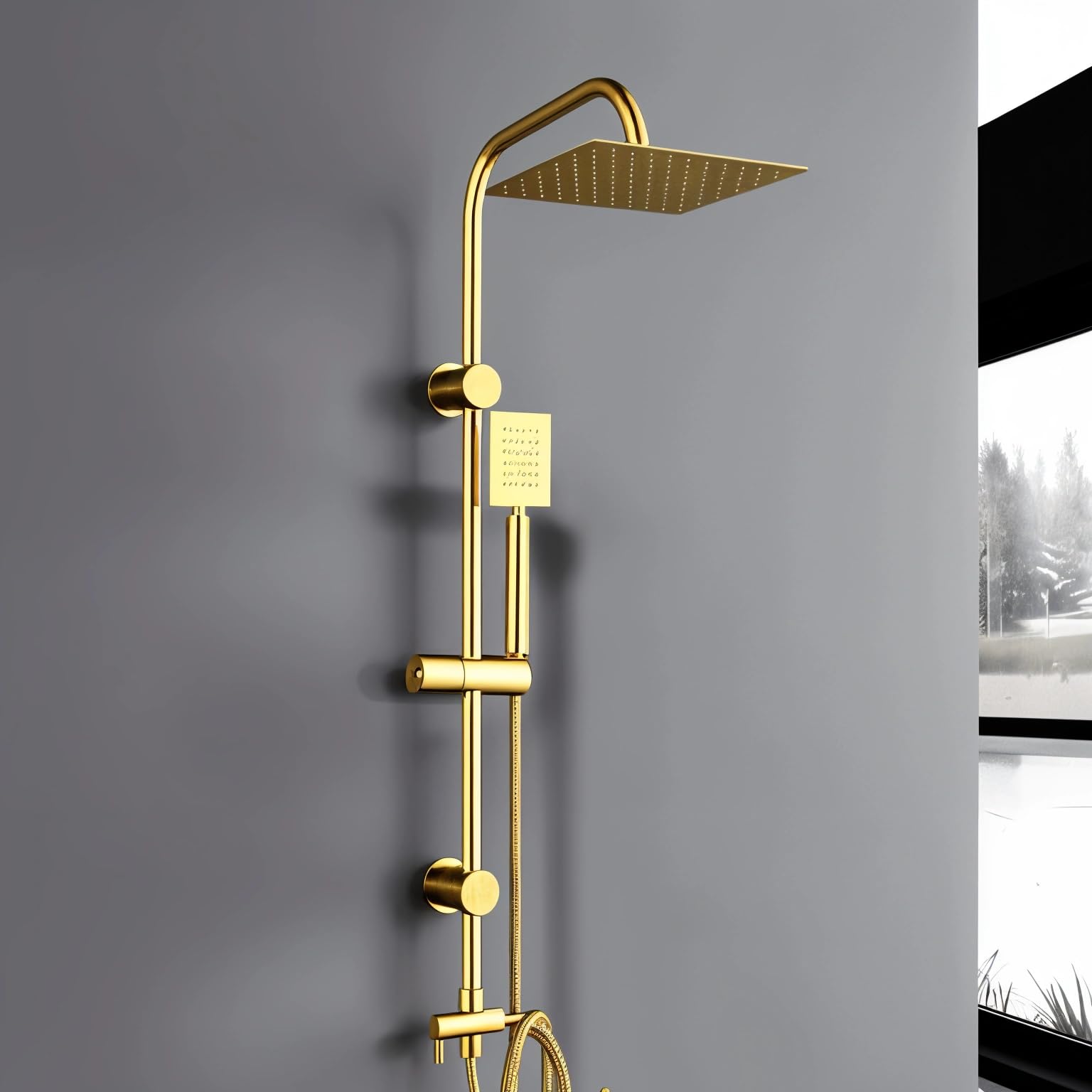 Colonna Doccia Con Soffione e Doccetta Acciaio Inox Anticalcare e Mensola Porta Flacone Con Ganci Per Spugna (Quadrata Finitura Oro)