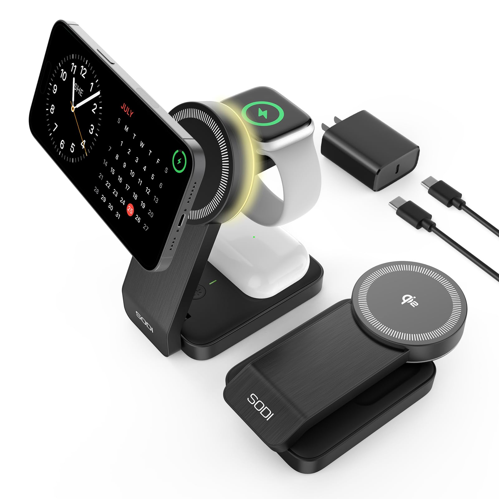 iPhone charging at 15W on SODI Qi2 charger, showing 2X faster charging compared to 7.5W chargers.