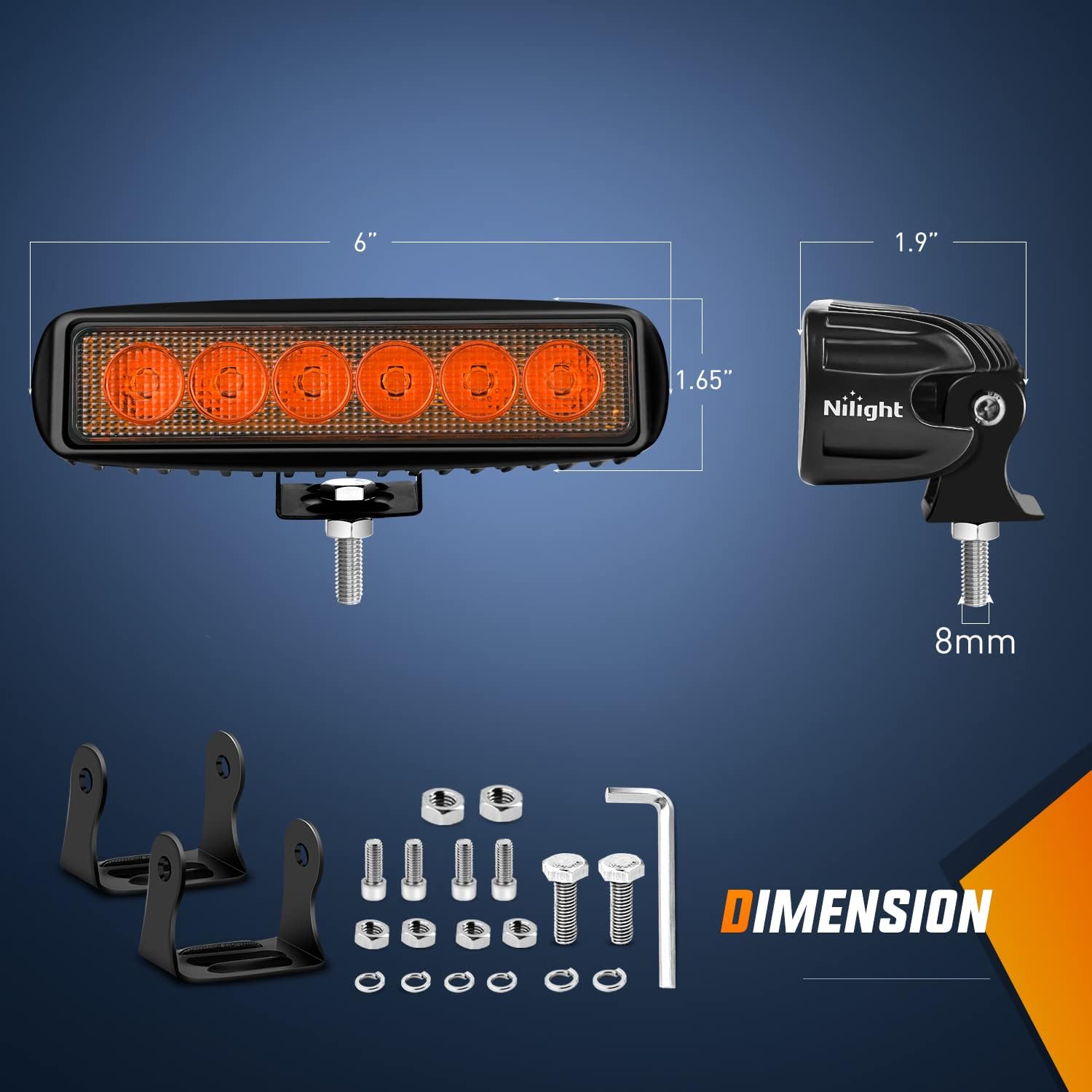 Nilight 6 inch Amber LED Light Bar 2PCS 18W Spot Driving Fog Single Row Off Road Boat Lights Driving Bumper Reverse Lighting for Trucks SUV ATV UTV Golf Cart image 2