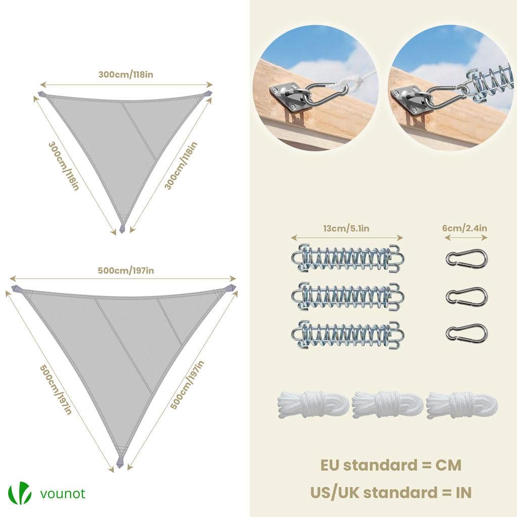 VOUNOT® Vela Ombreggiante Impermeabile Triangolare 5x5x5m, Tenda da Sole Esterno in Polyester con Kit di Fissaggio, Protezione UV 95%, Vele Ombreggianti per Giardino, Balcone, Terrazza, Grigio Chiaro