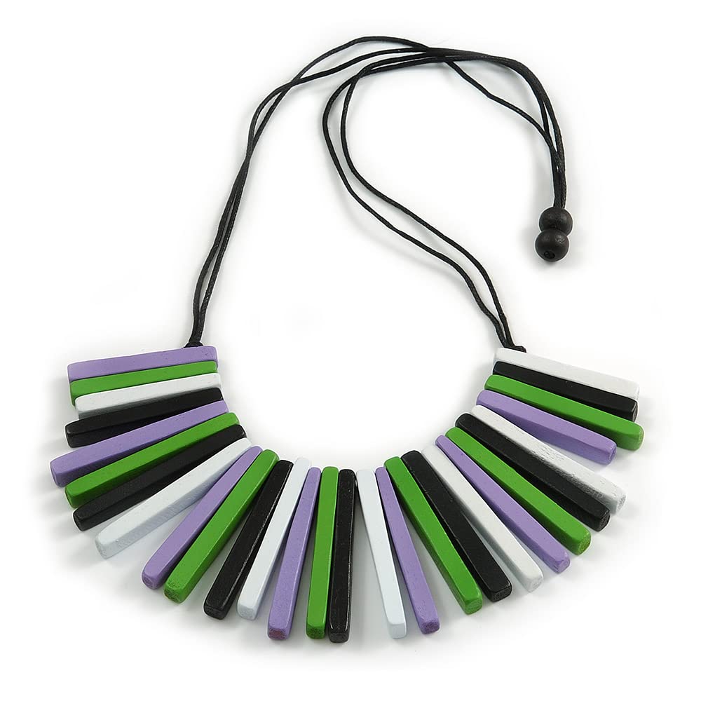 Avalaya Statement - Collana con perline in legno e cordoncini in cotone nero, 74 cm, colore: Arancione/Nero/Giallo/Marrone