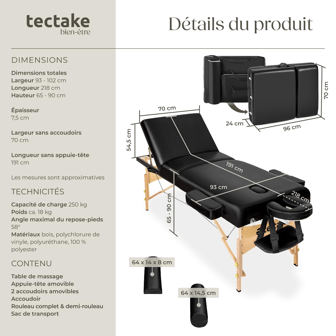 tectake® Table de Massage Pliante Professionnelle 3 Zones Ergonomique Massage et Relaxation Bois Table Esthetique Professionnel Lit de Massage Portable, Accessoires & Housse de Transport - Noir