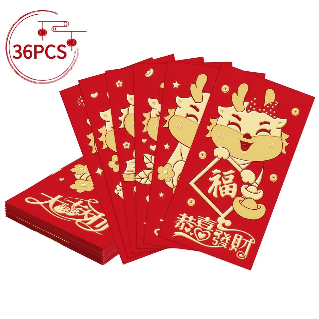 36 Stück Rote Umschläge zum Neujahr, niedlicher Cartoon-Drache Hongbao für das Jahr des Drachen 2024, Glücksgeld-Umschläge zum Frühlingsfest, 6 Varianten, für Familie, Freunde und Kollegen