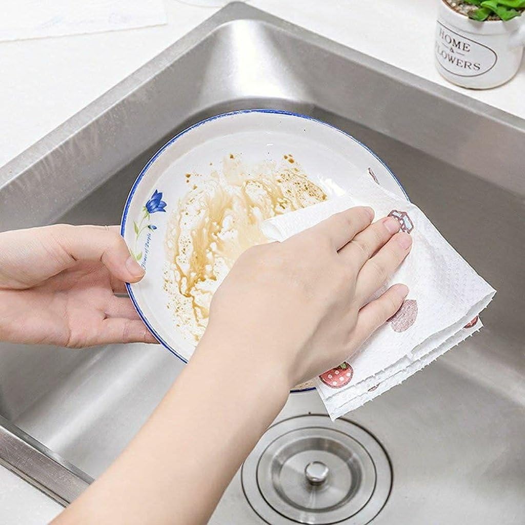ONISHOMES Non-Woven Reusable and Washable Kitchen Printed Tissue Roll Non-stick Oil Absorbing Paper Roll Kitchen Special Paper Towel Wipe Paper Dish Cloth Cleaning Cloth (Pack Of 1) 50-Sheets 4