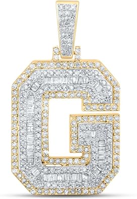Solid 10K Yellow Gold Baguette Real Natural Diamond Mens A-Z Initial Letter Charm Pendant for Necklaces 1-1/4 Carat 1.24 Cttw