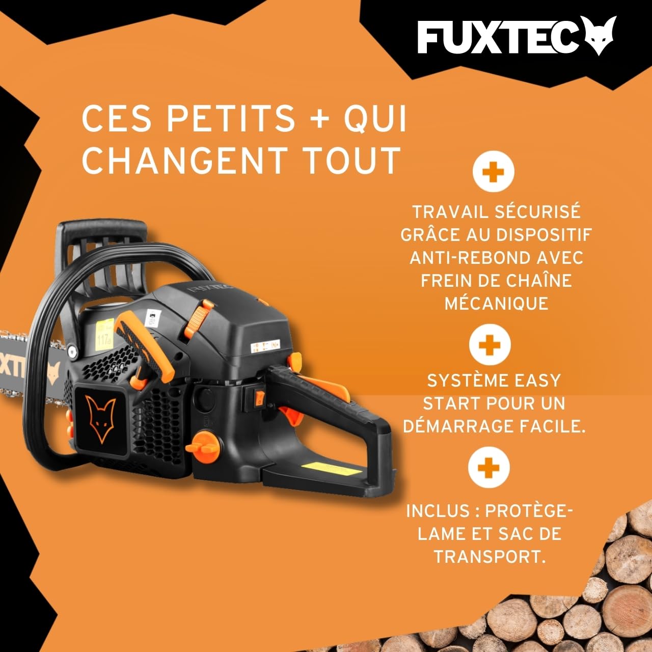 Fuxtec tronçonneuse thermique 50 cm FX-KS262 Black Edition essence 61,5cm3 2 temps 2,8kW Longueur De Coupe 45cm, Guide Chaine 20 pouces Étui de transport Tronc, Menuiserie
