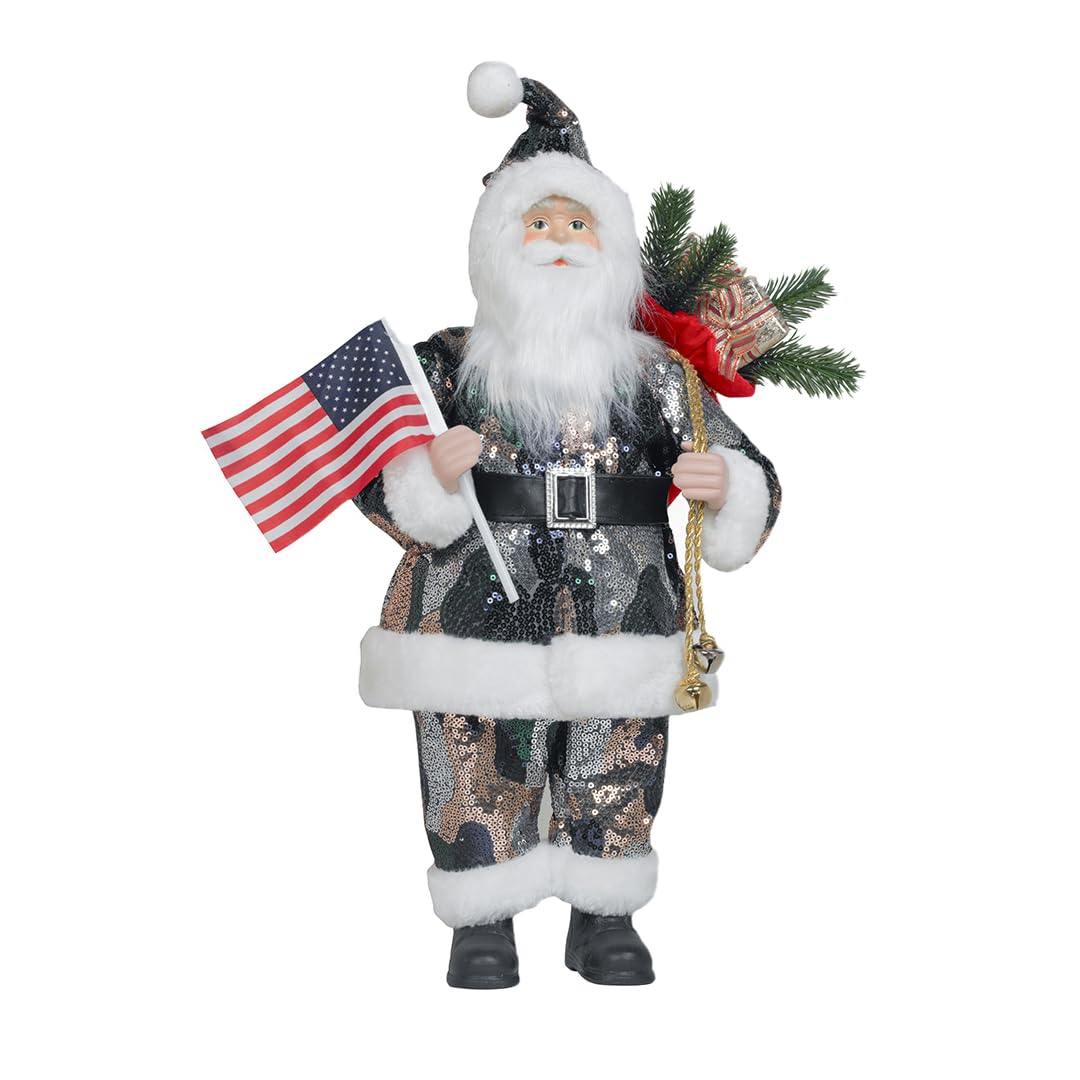 Christmas Decor Camouflage Santa Claus Figurine 18 inch, Christmas Decoration Camo Shiny Santa, American Soldier Santa Statue with The U.S.A Flag and Gifts
