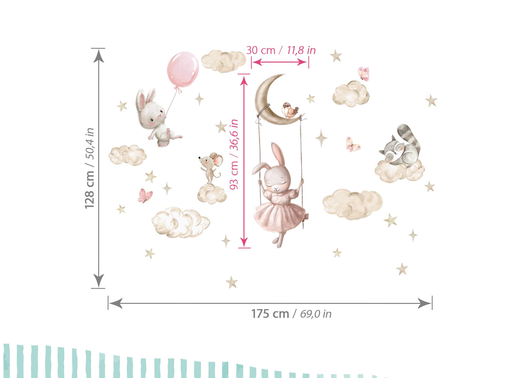 Wandtattoo Hase Aquarell Wandsticker für Babyzimmer Tiere Luftballon Wandaufkleber Mädchen Kinderzimmer Wanddeko Spielzimmer DK1127-04